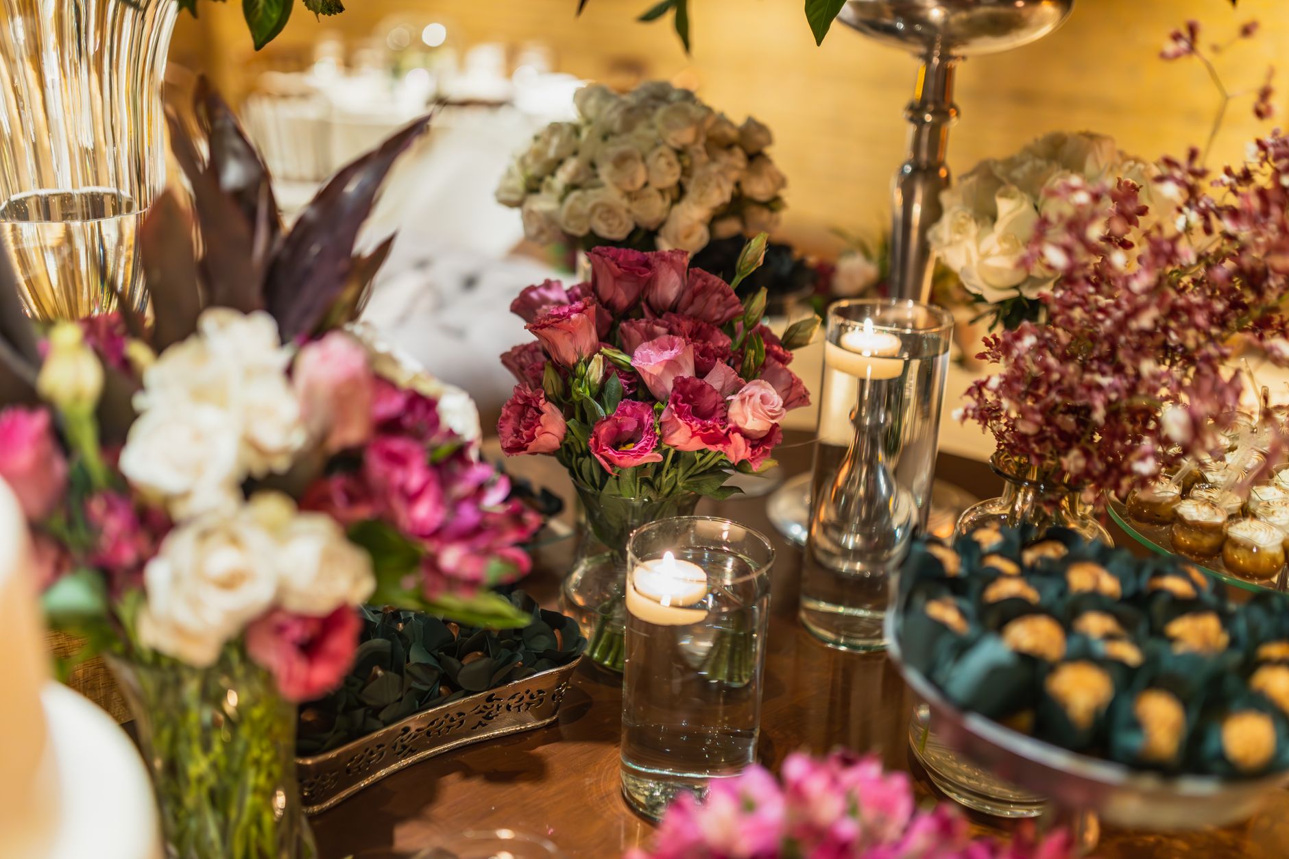 Elegant floral table setting with candles