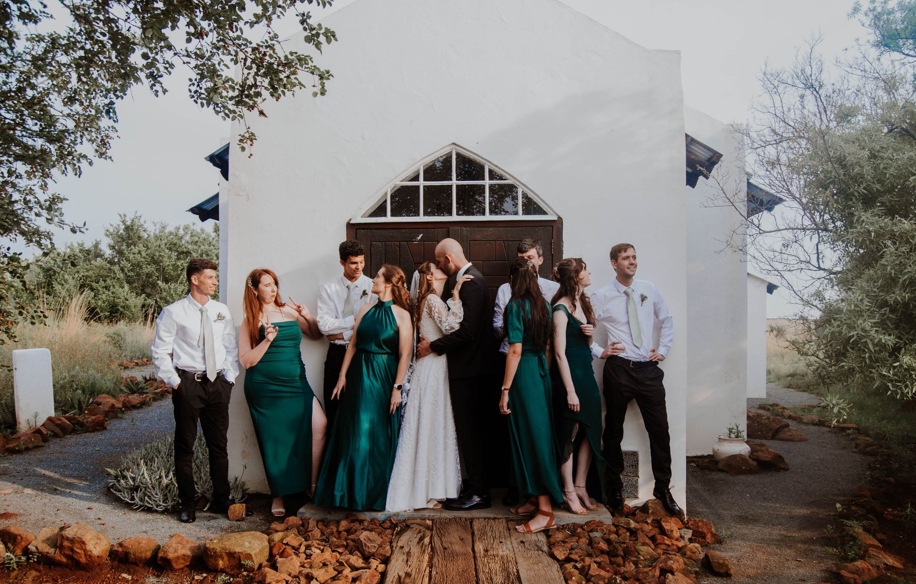 Wedding party outside a charming venue