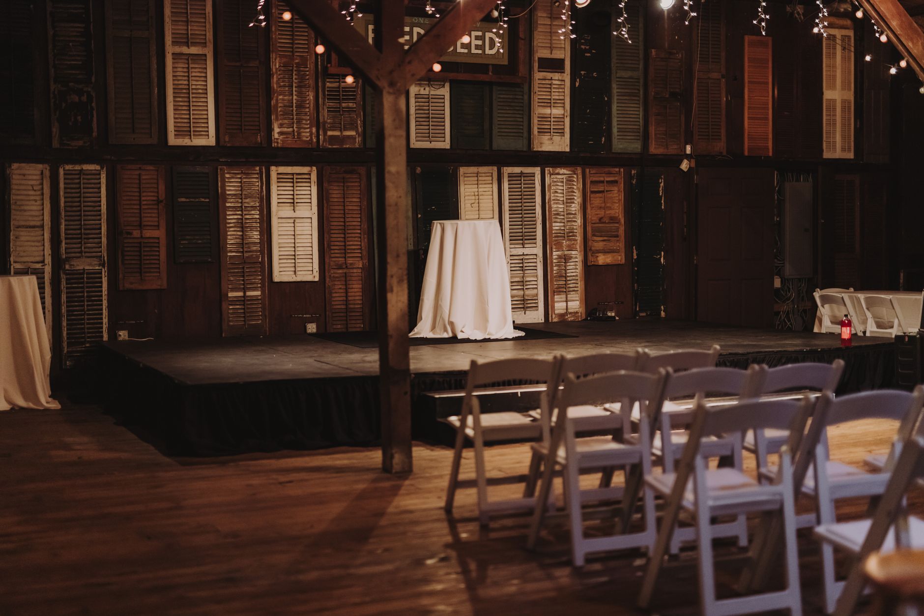 Vintage barn interior with stage and rustic décor