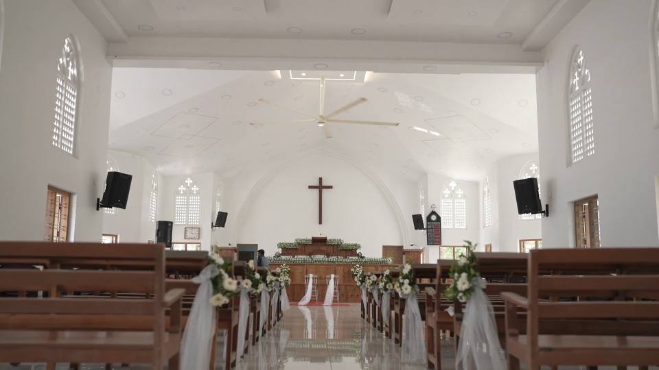 Walking down the aisle at the chapel ceremony